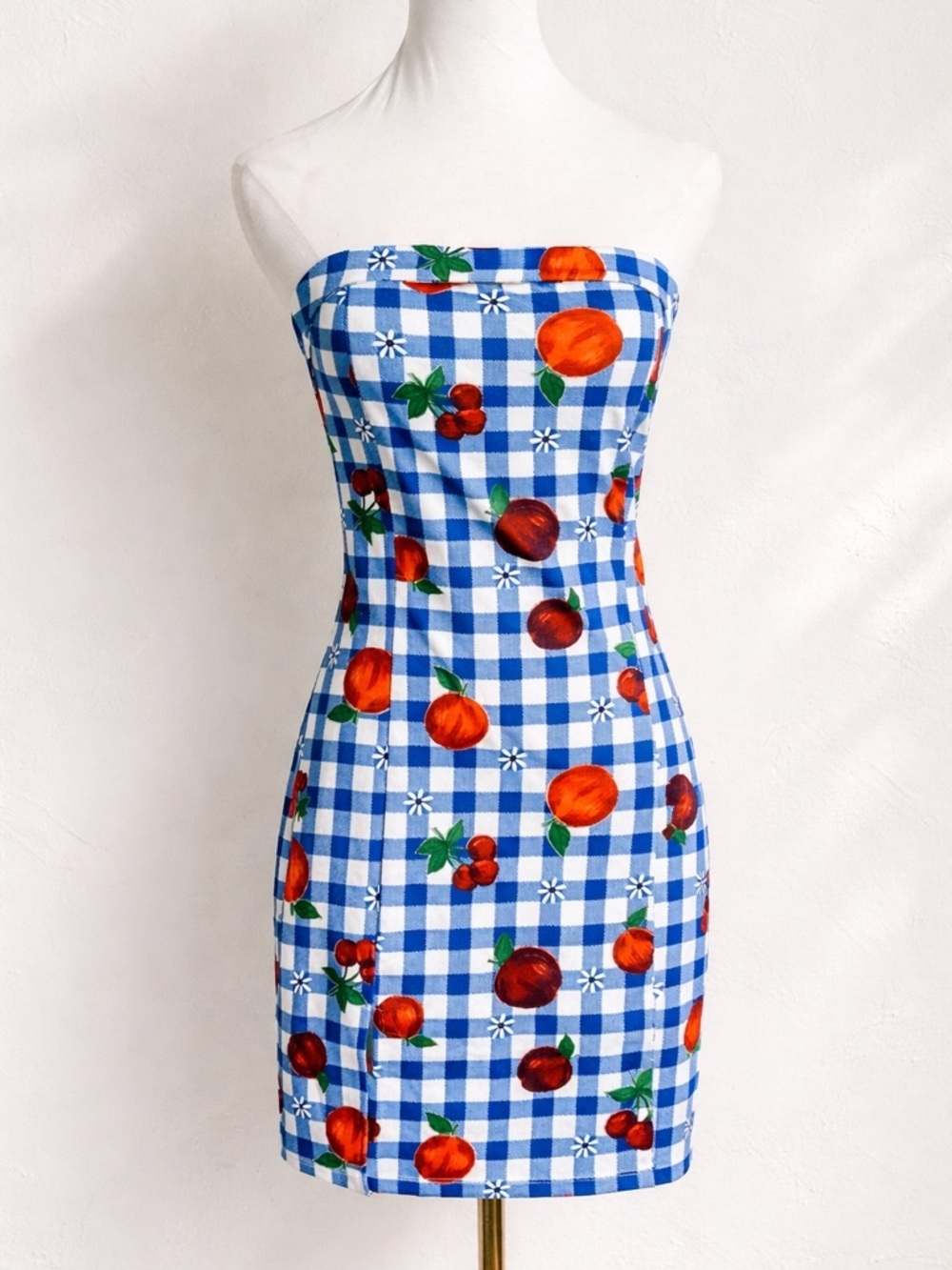 NWT Strapless Gingham Fruit Mini Dress Blue White Picnic Summer S
